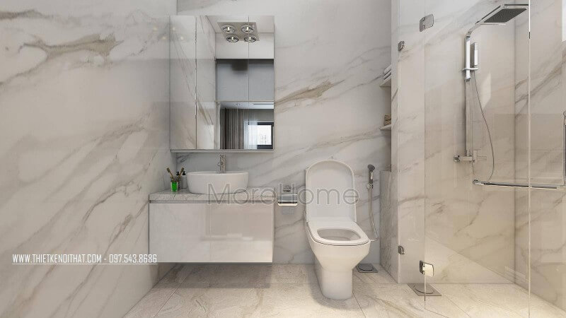 Phòng tắm được thiết kế với mảng tường và sàn nhà được ốp đá nhân tạo vân mây cao cấp tạo sự sáng bóng Đá nhân tạo solid surface