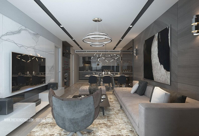 Phần vách tivi được thiết kế ốp đá nhân tạo tấm lớn vân mây ấn tượng và đắt tiền. Đá nhân tạo solid surface