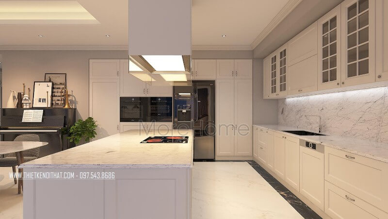 Bàn đảo, bàn bếp gỗ công nghiệp mang đến sự bền bỉ và vẻ đẹp vượt thời gian cho không gian này Đá nhân tạo solid surface