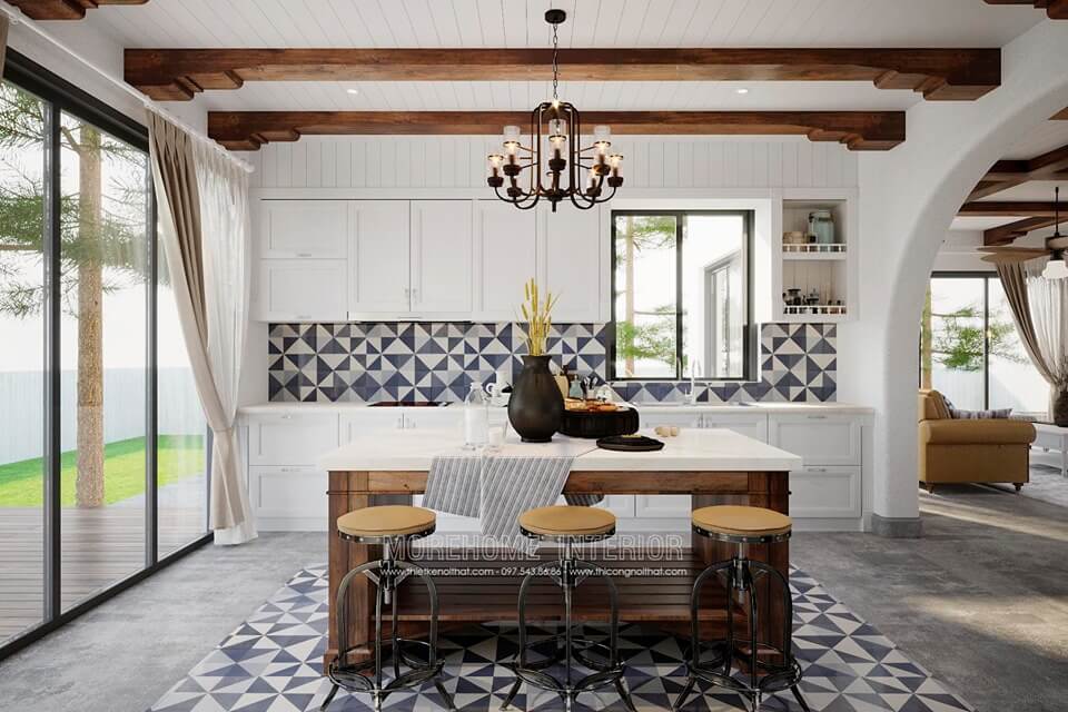 Đá ốp bàn đảo bếp màu trắng Thiết kế nội thất đá nhân tạo trong không gian nhà