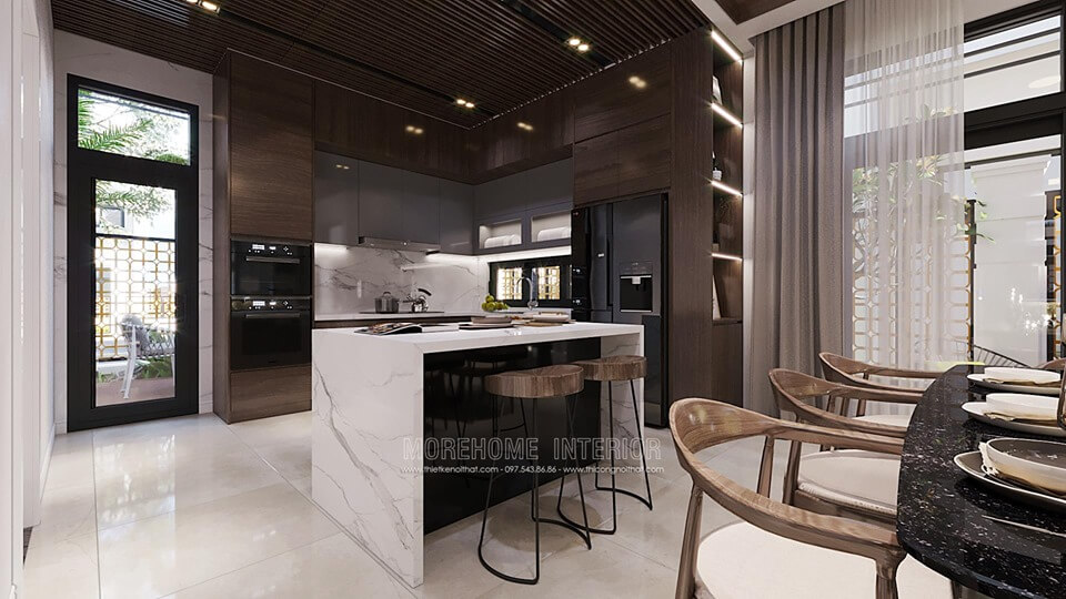 Đá ốp bàn đảo bếp màu trắng vân mây cao cấp Thiết kế nội thất đá nhân tạo trong không gian nhà