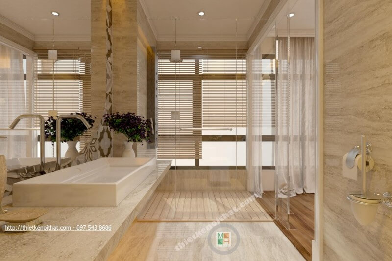 Kiến trúc sư đã lựa chọn sử dụng đá nhân tạo cao cấp trong mẫu thiết kế phòng tắm chung cư, mang lại một không gian sang trọng và sạch sẽ hơn Thiết kế nội thất đá nhân tạo trong không gian nhà