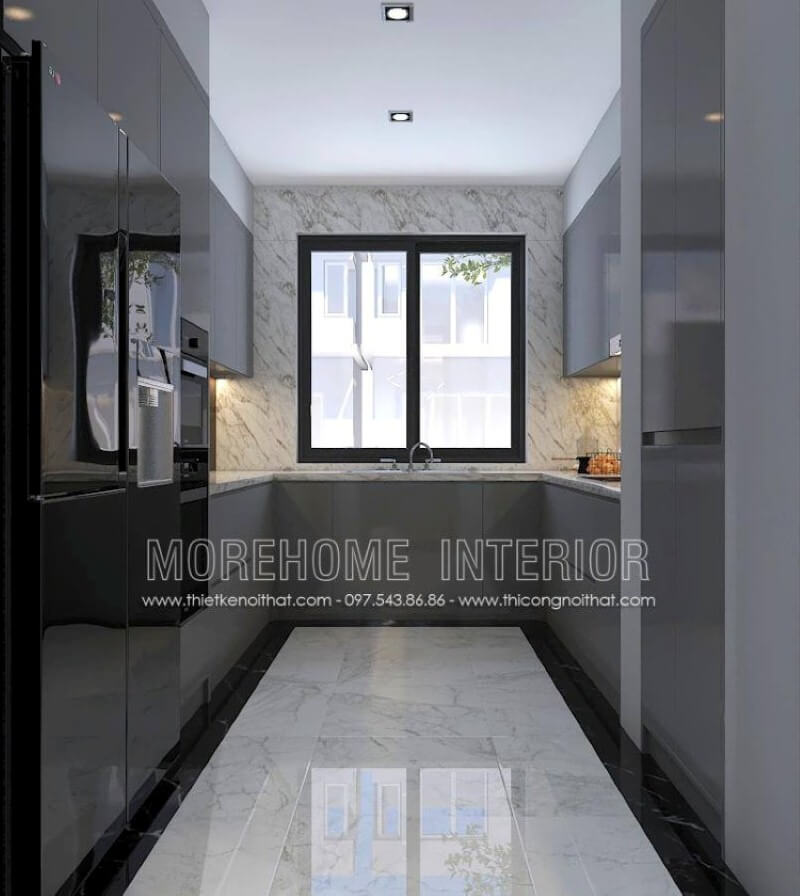 Xu hướng trang trí phòng bếp đẹp theo phong cách hiện đại sử dụng đá lớn ốp tường đang trở thành trào lưu vừa tăng tính thẩm mỹ mà còn giúp phòng bếp luôn được như mới. Hiện nay bạn còn có thể sử dụng đá uốn cong từ mặt bàn bếp và tường bếp để tạo sự liền mạch không một vết nối từ các dòng đá cao cấp như đá LG chuyên được thi công bởi Morestone. Thiết kế nội thất đá nhân tạo trong không gian nhà