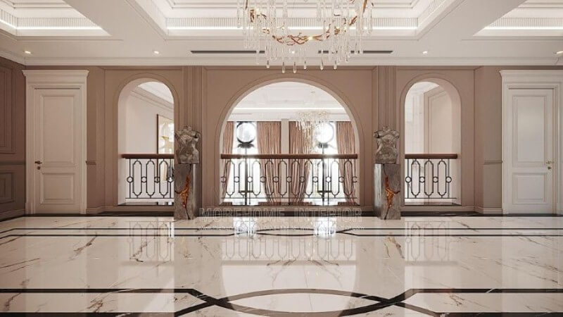 Đá lát sàn đẹp ấn tượng cho không gian hành lang sang trọng. Thiết kế nội thất đá nhân tạo trong không gian nhà