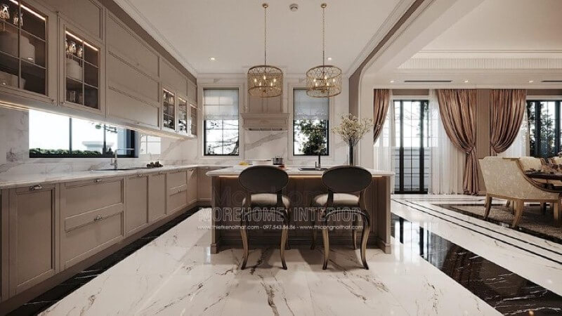 Đá ốp bếp vân mây đẹp, sang trọng cho tủ bếp biệt thự, nhà phố. Thiết kế nội thất đá nhân tạo trong không gian nhà