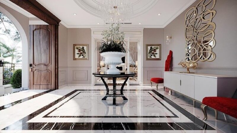 Đá lát sàn đẹp cho sảnh biệt thự, nhà phố phong cách đương đại. Thiết kế nội thất đá nhân tạo trong không gian nhà