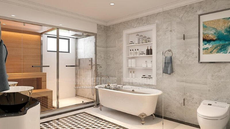 Đá ốp phòng tắm cao cấp, gạch lát nền giả cổ, bồn tắm trắng hoa văn cổ điển cùng vách tắm kính cường lực trong suốt đã tạo nên không gian phòng tắm thông thoáng, đẹp mắt và sang trọng. Thiết kế nội thất đá nhân tạo trong không gian nhà