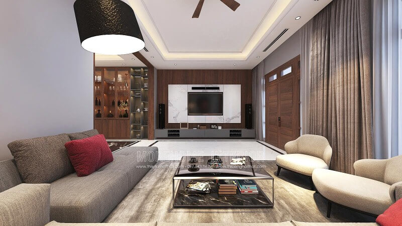 Đá trắng vân mây kết hợp gỗ ốp tường vân óc chó cao cấp tạo nên vẻ đẹp sang trọng đầy lôi cuốn cho phòng khách hiện đại. Thiết kế nội thất đá nhân tạo trong không gian nhà