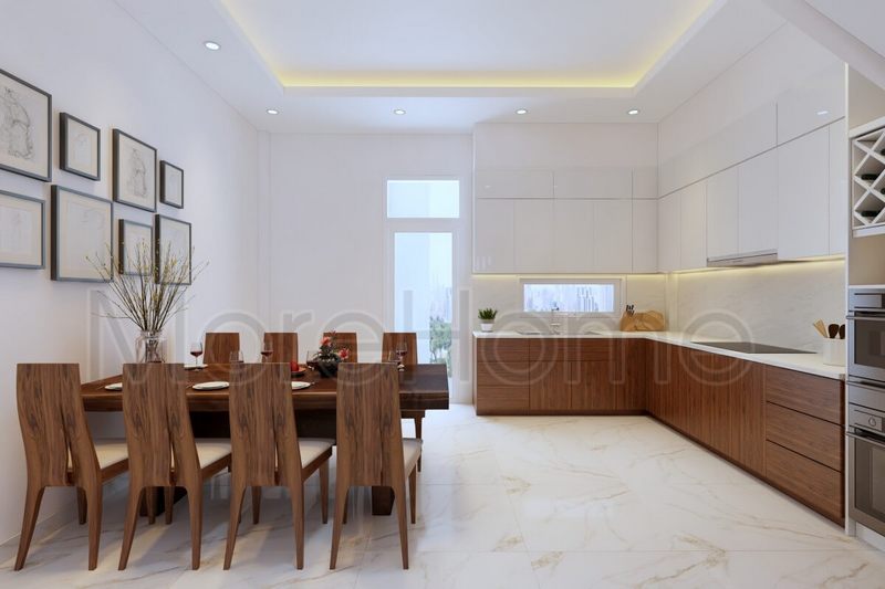 Thiết kế nội thất phòng bếp với bộ bàn ăn gỗ nguyên tấm, ghế bọc sofa đẹpsang trọng