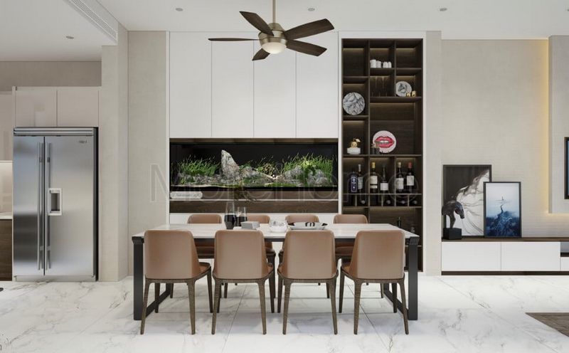 Thiết kế nội thất gỗ công nghiệp tông màu nâu trầm đơn giản, nhẹ nhàng cho phòng bếp hiện đại