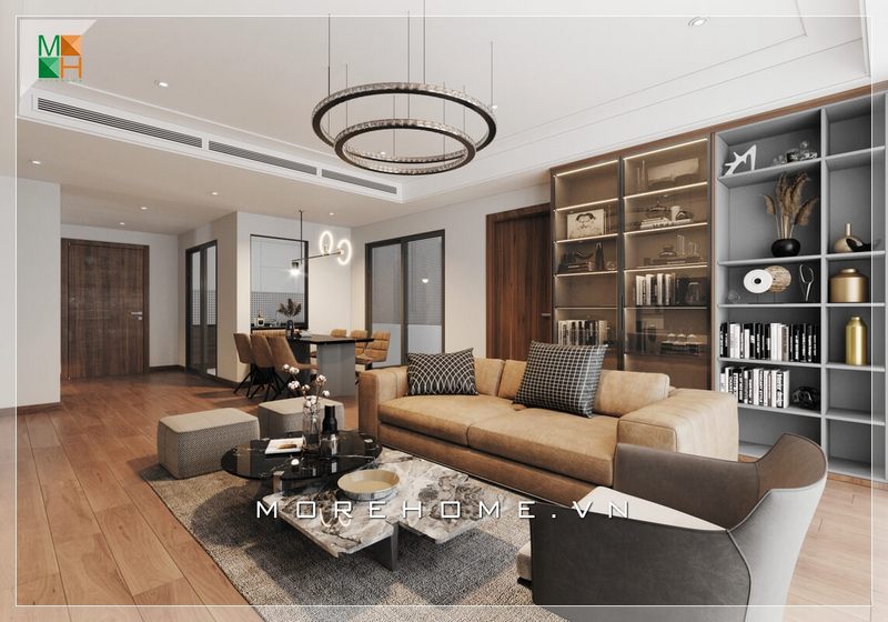 Mẫu thiết kế phòng khách với nội thất gỗ công nghiệp kết hợp 2 tông màu cafe - xám góp phần tạo nên sự sang trọng và hiện đại cho không gian căn phòng.