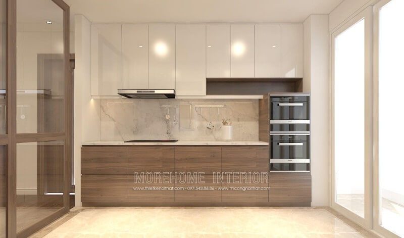 Tủ bếp gỗ công nghiệp kịch trần được thiết kế để tối ưu hóa sử dụng không gian, phù hợp với các căn hộ, chung cư có diện tích nhỏ, có thể đặt đồ ở trên một cách hiệu quả.