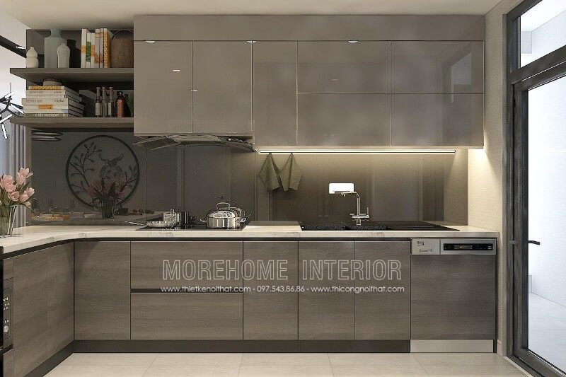 Discovery Complex tại Hà Nội đã sử dụng gỗ công nghiệp để thiết kế nội thất tủ bếp mang lại sự ấn tượng.