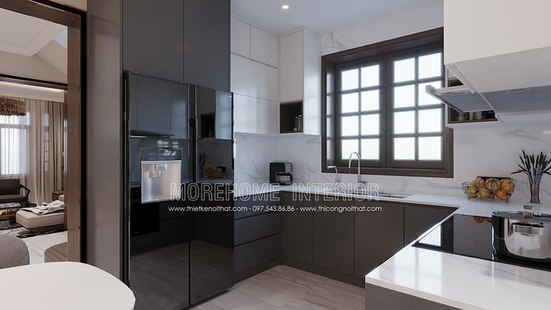 với nhau
Thiết kế nội thất phòng bếp theo phong cách hiện đại bằng cách sử dụng các tông màu đối xứng với nhau.