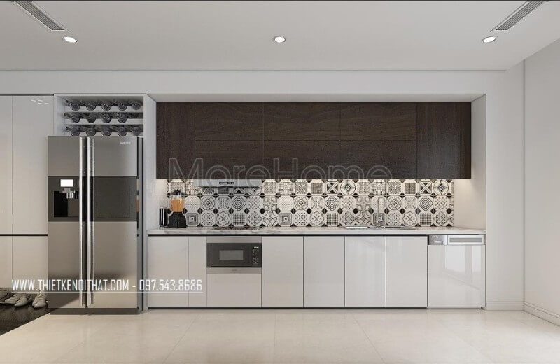 Trang trí nội thất phòng bếp của chung cư bằng chất liệu gỗ công nghiệp.