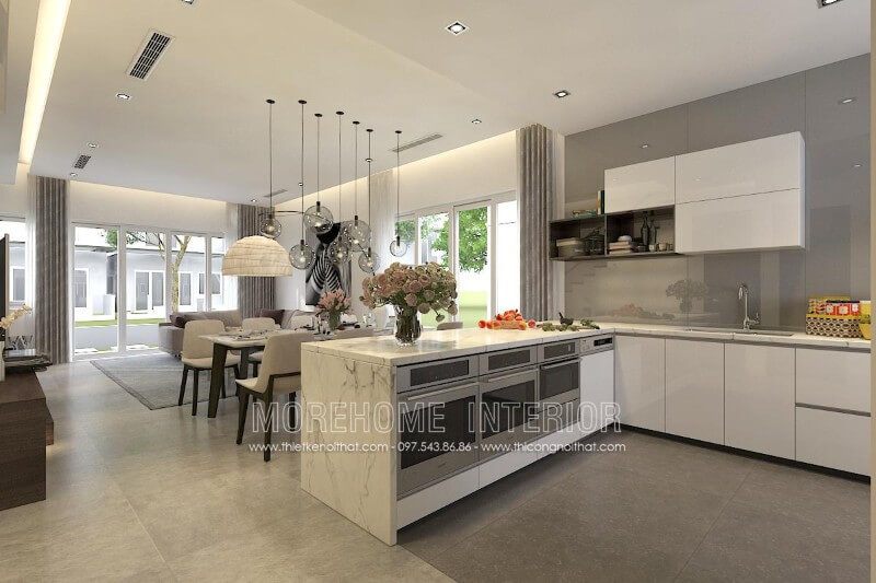 . Mẫu tủ bếp đẹp được ưa chuộng nhất hiện nay, do sự kết hợp hài hòa giữa các chất liệu như đá nhân tạo cao cấp, gỗ công nghiệp và các thiết bị nhà bếp hiện đại, đem lại cho các bà, các mẹ nguồn cảm hứng để chuẩn bị những bữa ăn ngon miệng.