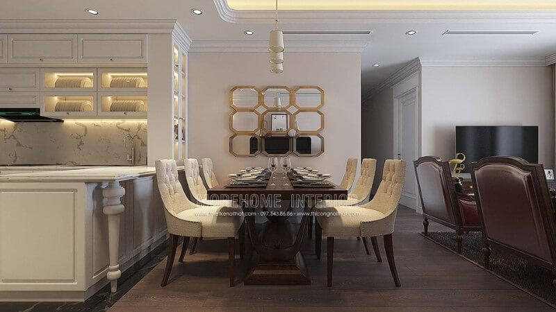 Phòng ăn tân cổ điển được thiết kế với bộ bàn ăn có màu sắc tone màu trắng và nâu ấm áp và gợi cảm cảm giác thân thiện.
