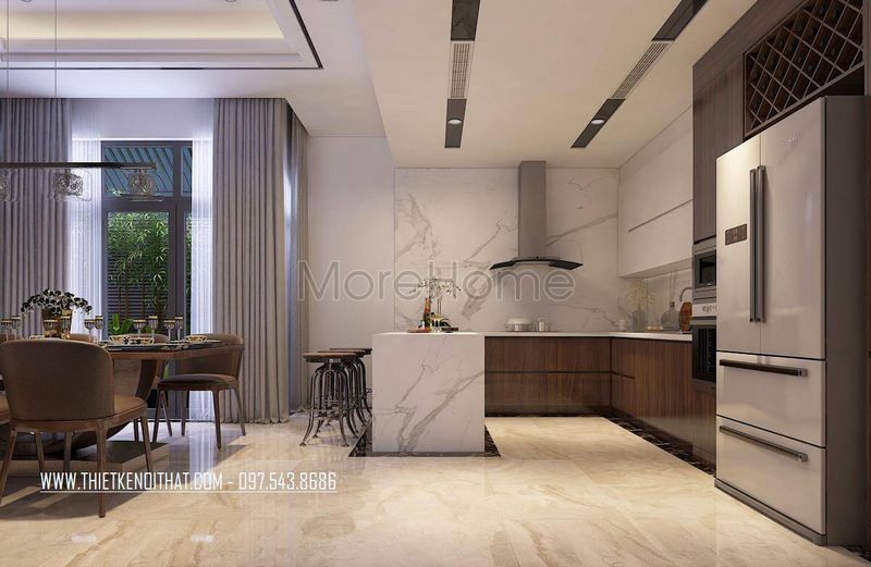 Chọn đá tự nhiên làm sàn sẽ giúp tạo nên sự sang trọng, sạch sẽ cho không gian phòng bếp.